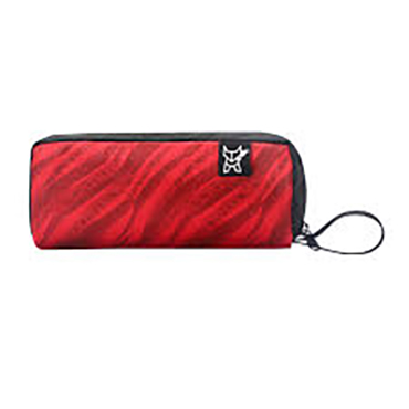 A red and black pencil case with a zipper, perfect for school. Branded as 'school pouch - k square edutainment'.